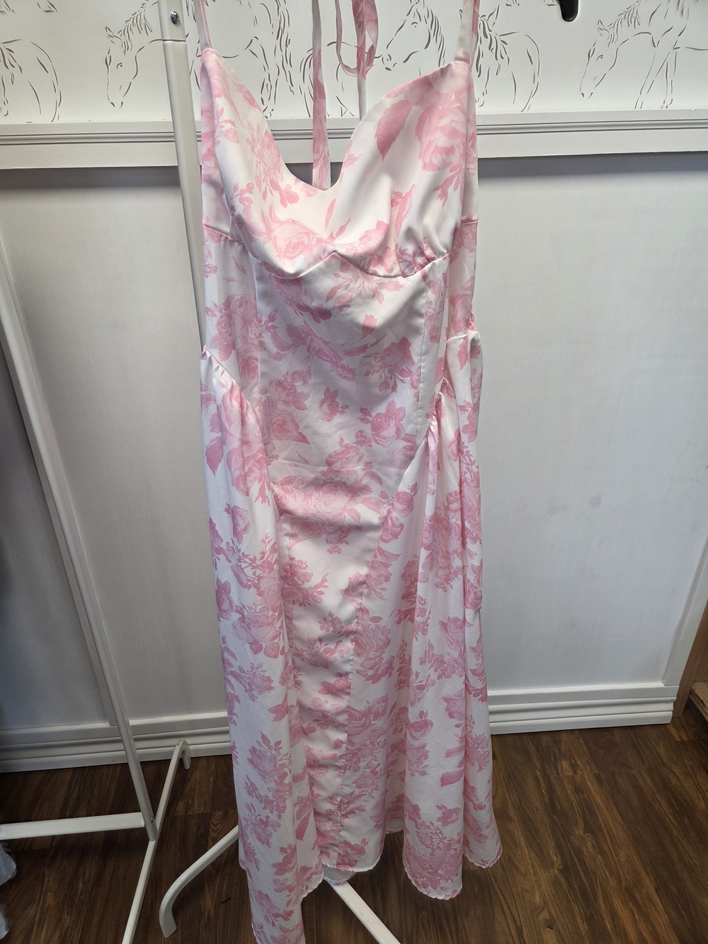 Pink Floral Satin Slip Dress Smocker Back